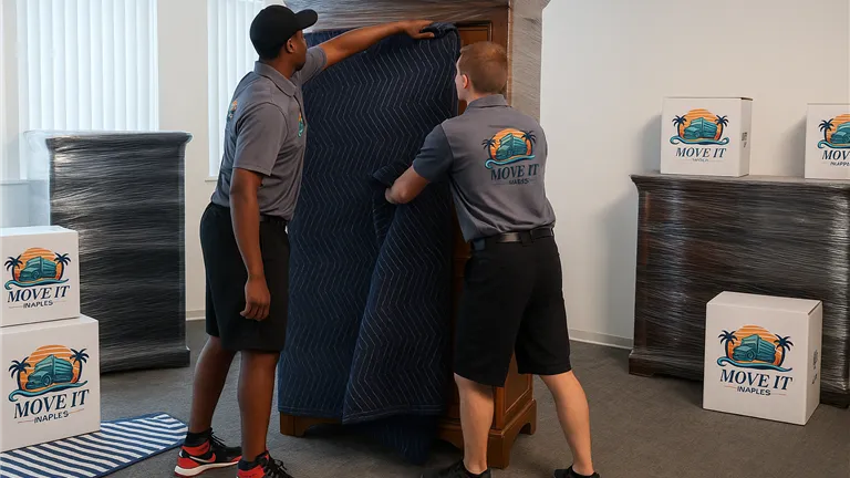 Movers packing an armoire for transportation.