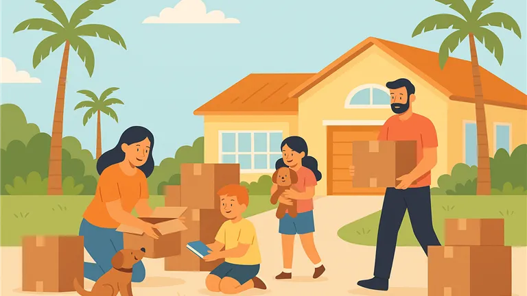 Illustration of a family enjoying a sunny day at a tropical beach.