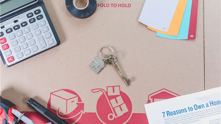 Flat lay of home buying essentials with calculator, keys, tape, and color swatches.